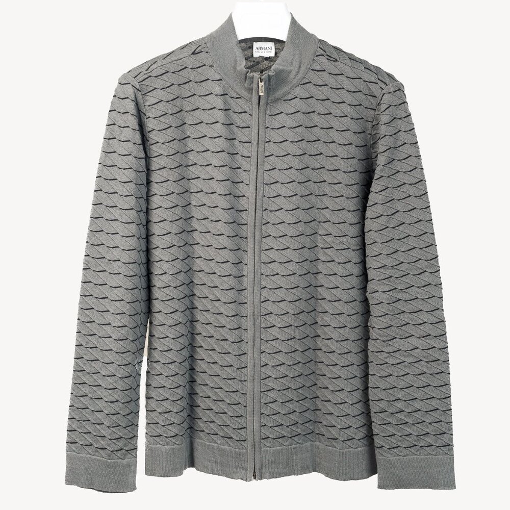 Armani Collezioni Grey Geometric Textured-Knit Zip Jacket